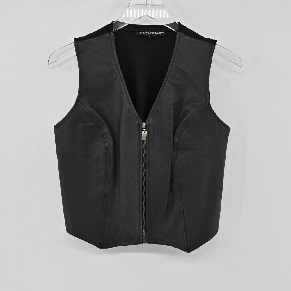 Vtg SAVANNAH Vest Womens Sz S Black Leather Combo‎ Zip Up Sleeveless Biker Retro - Picture 4 of 12